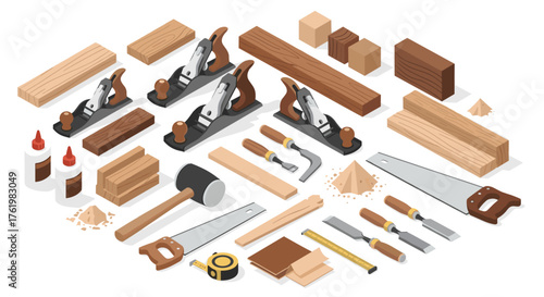 Isometric carpentry tools and wooden planks set for woodworking projects