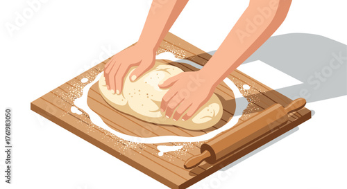 Isometric view of hands kneading dough on wooden board with rolling pin