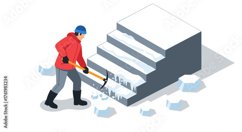 Worker clearing snow and ice from outdoor steps in winter isometric style