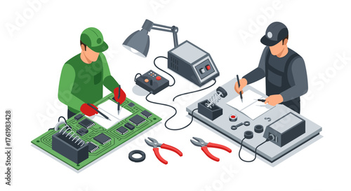 Electronic repair workshop: engineers soldering and testing components in isometric style
