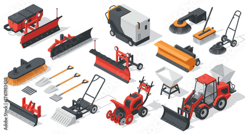 Isometric snow removal and cleaning equipment collection in red and gray theme