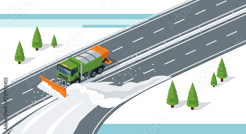 Snow plow truck clearing snow on highway in winter landscape isometric art