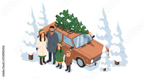 Family celebrating christmas with a tree on car in snowy winter wonderland