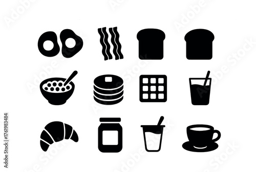 Breakfast icons: eggs, bacon, toast, cereal, pancakes, waffles, juice, croissant, jam, yogurt, coffee