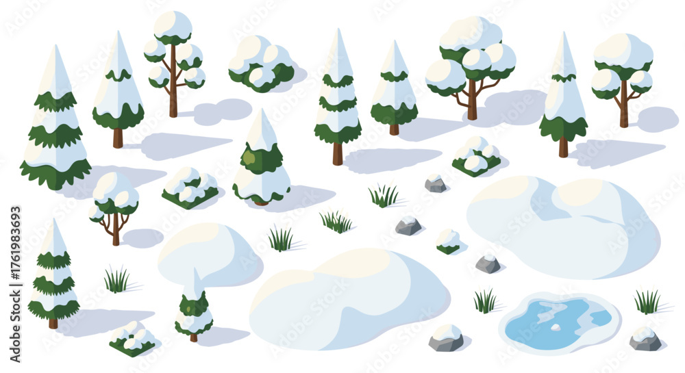 Obraz premium Winter landscape with snowy trees and bushes in isometric style