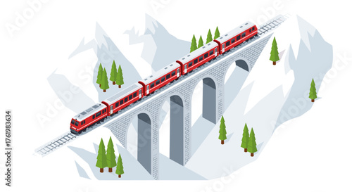 Scenic train journey across alpine viaduct in winter wonderland