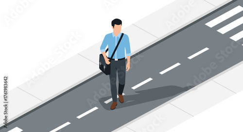 Businessman walking on sidewalk in isometric urban scene with minimalist style