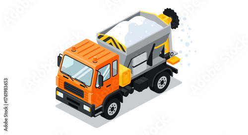 Isometric winter snow plow truck spreading salt on icy roads