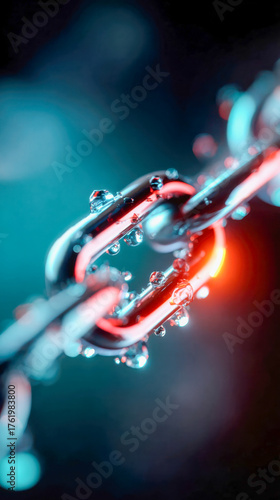 Close-up of metallic chain links covered in water droplets with neon blue and red reflections, symbolizing strength, connection, and security