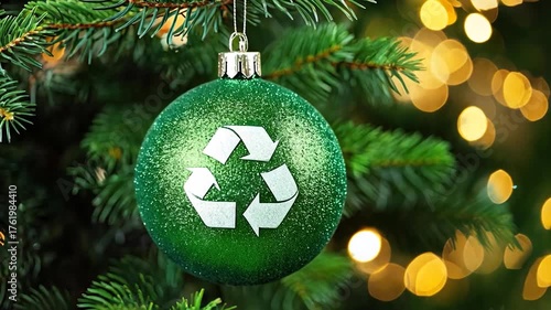 A green Christmas ball with a recycling icon decorates a tree, celebrating sustainability
