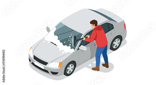 Man washing car with soap and water in isometric style