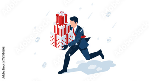 Businessman in winter running with gift boxes in snowy landscape