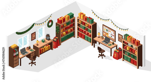 Cozy holiday office decor with festive gifts and lights in isometric style