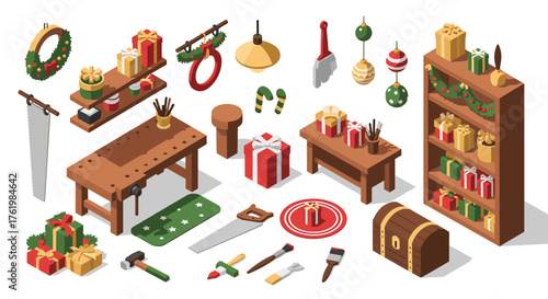 Isometric workshop: festive gifts and tools in a holiday-themed workshop setting
