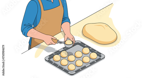 Baker preparing cookies in kitchen with dough and apron