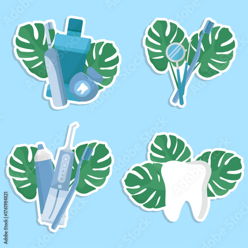 Oral hygiene elements composition stickers Dentist day toothpaste irrigator mouthwash dental floss
