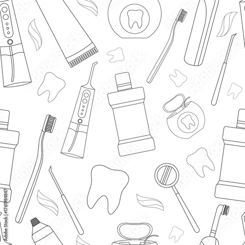 Oral hygiene outline pattern elements Dentist day toothpaste irrigator mouthwash dental floss