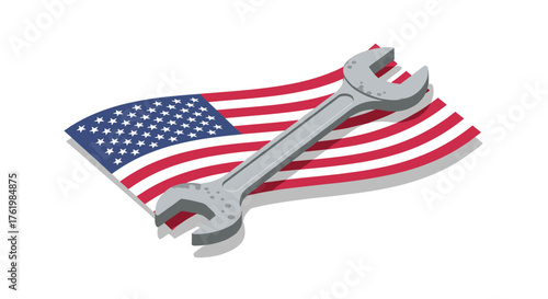 Isometric wrench on american flag for labor day celebration