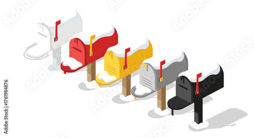 Isometric snow-covered mailboxes in winter colors: red, yellow, black, white