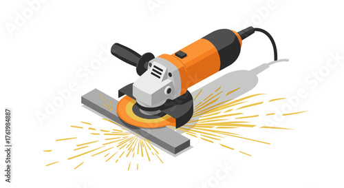 Isometric angle grinder cutting metal with sparks in action