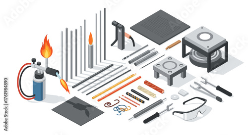 Comprehensive workshop tools in isometric view for welding and metalworking projects