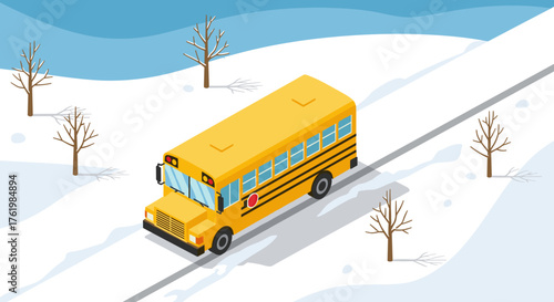 Yellow school bus traveling through a snowy winter landscape with bare trees