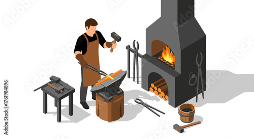 Isometric blacksmith workshop with forge and tools