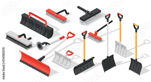 Essential snow removal tools in isometric design for winter maintenance