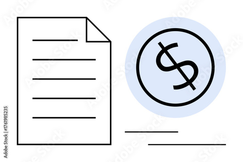 Paper with lines next to dollar sign in a blue circle conveying finance, budget, accounting, investment, tax, payment, or billing concepts. Ideal for business themes in a simple flat metaphor
