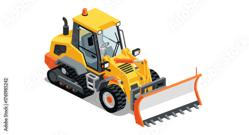 Isometric construction bulldozer with snow plow attachment in bright yellow and orange