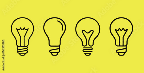 Collection of Vector Outline Light Bulb Icons on Bright Yellow Background
