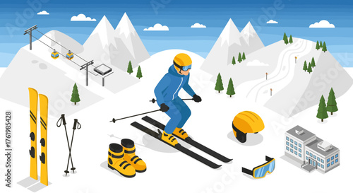 Winter sports adventure: isometric skiing scene with mountains and equipment