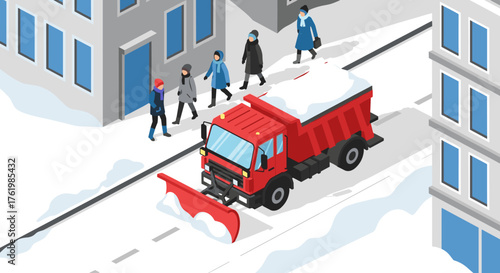 Snow plow clearing city street in winter with pedestrians walking nearby in isometric style