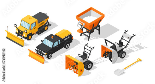 Isometric snow removal equipment set with vehicles and tools on white background