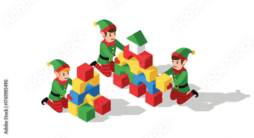Playful elves building with colorful blocks in isometric style