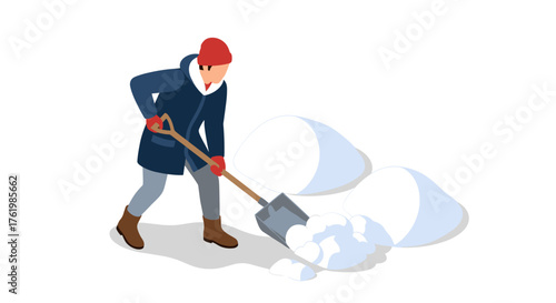 Person clearing snow in winter attire with shovel in minimalist style