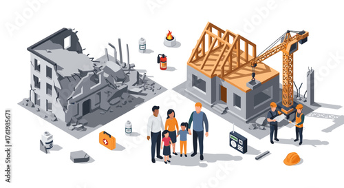 Isometric construction and disaster relief scene with family and workers