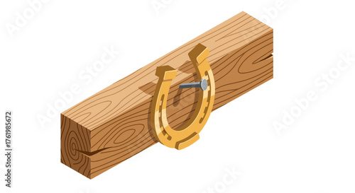 Isometric horseshoe on wood block for good luck and fortune concepts