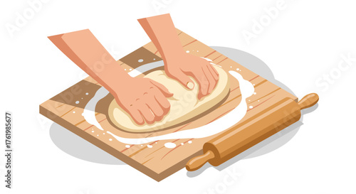 Kneading dough on wooden board with rolling pin in isometric style