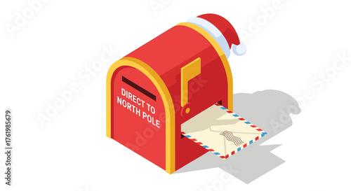Holiday mailbox with letter to north pole in festive isometric design