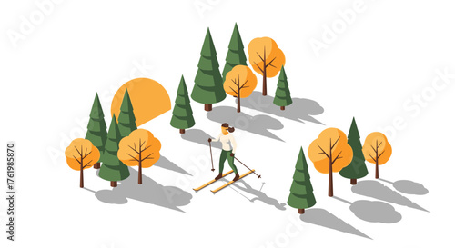 Isometric autumn forest with cross country skier under setting sun