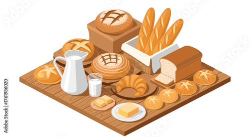Isometric bakery bread selection with assorted baked goods on wooden board