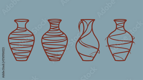 Four Abstract Outline Vases with Swirling Horizontal Line Patterns on Blue-Gray