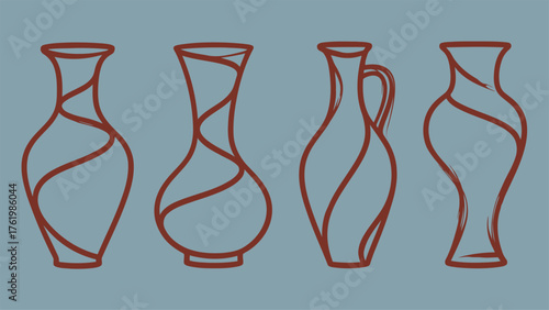 Set of Linear Artistic Pottery Vases Illustrations