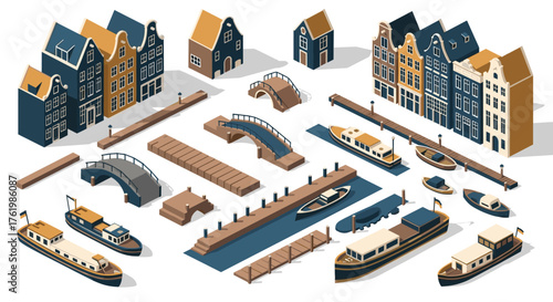 Isometric canal scene with boats and classic architecture