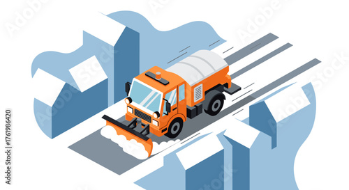 Snowplow cleaning winter roads in isometric urban scene