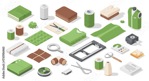 Isometric art supplies with sewing tools in green tones on white background