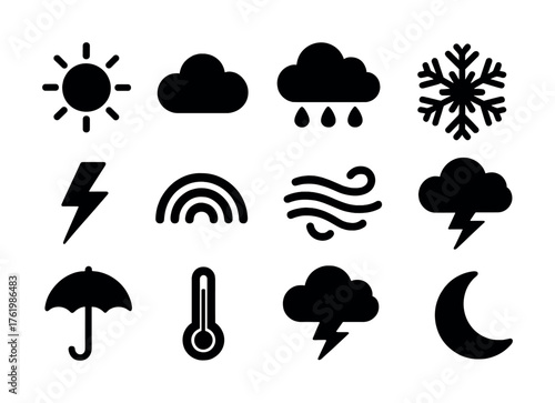 Weather icons collection: sun, cloud, rain, snowflake, lightning, umbrella, thermometer, moon