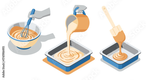 Step-by-step cake baking process in isometric style