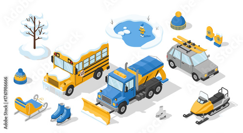 Winter transport and activities in isometric style with snow-covered vehicles